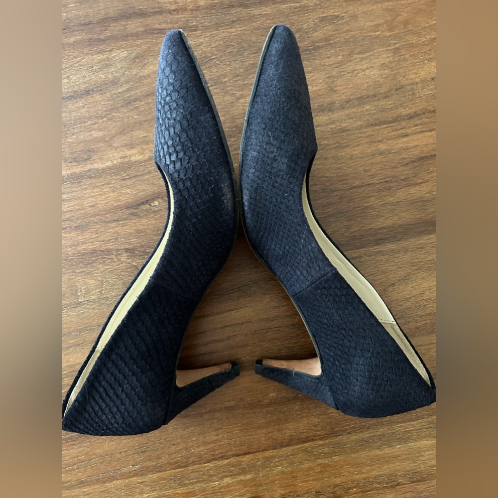 Navy blue suede pointy heels.